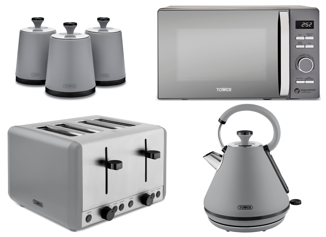 Tower Sera Grey 1.7L 3KW Pyramid Kettle, 4 Slice Toaster, Canisters plus 800W 20L Renaissance Microwave Matching Kitchen Set