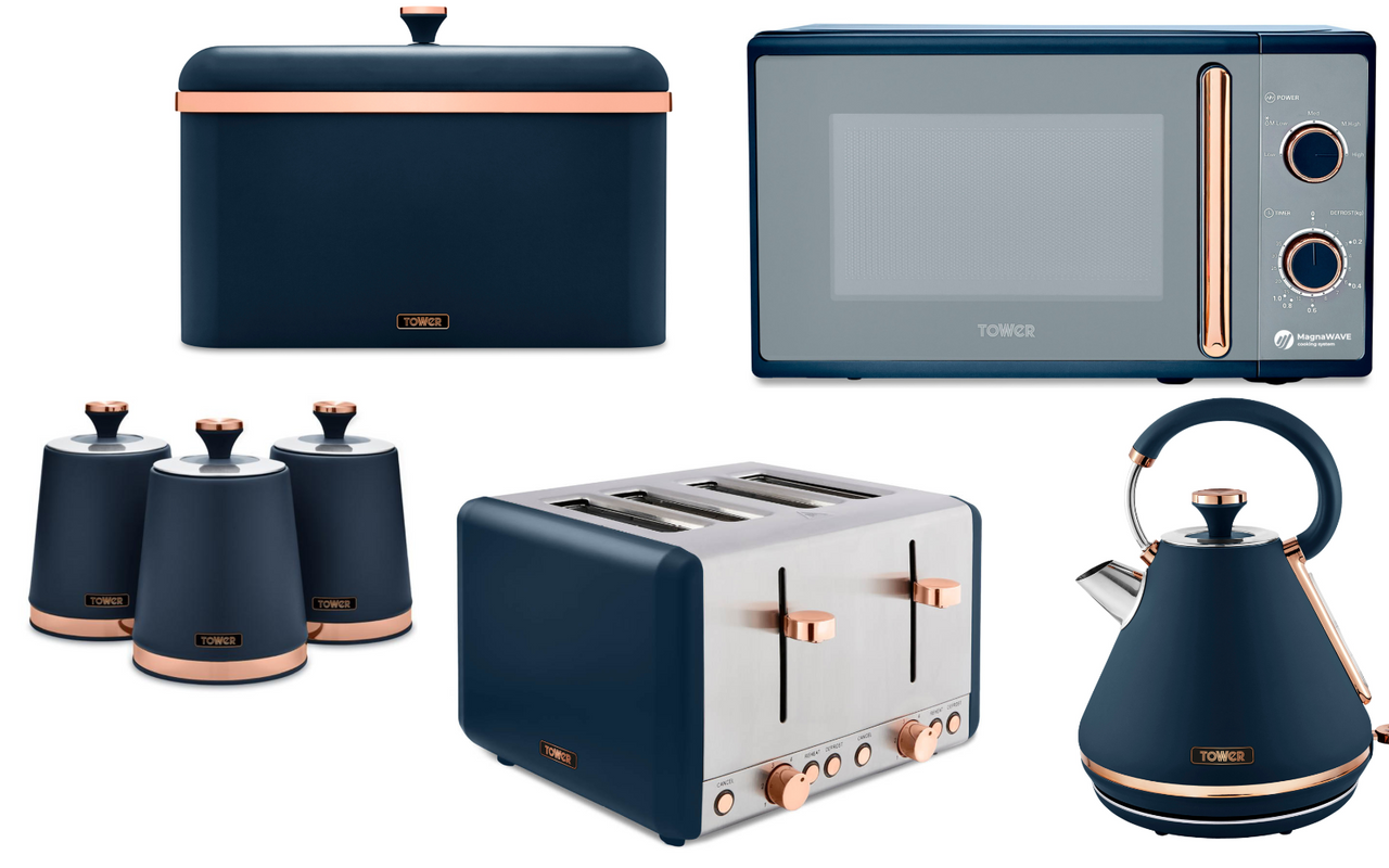 Tower Cavaletto Midnight Blue & Rose Gold 1.7L 3KW Pyramid Kettle, 4 Slice Toaster, 800W 20L Microwave, Bread Bin & Canisters Matching Kitchen Set