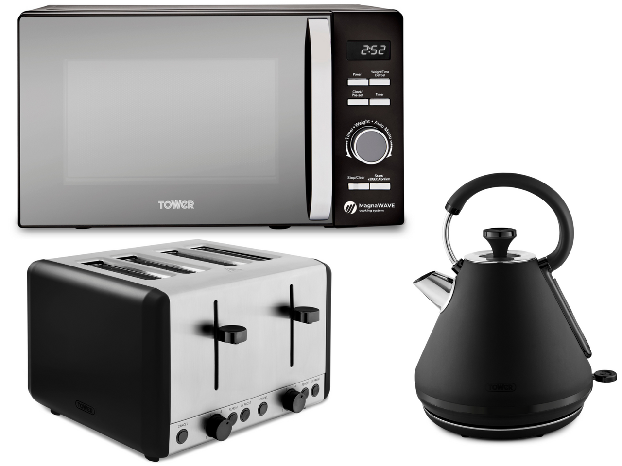 Tower Sera Black 1.7L 3KW Pyramid Kettle, 4 Slice Toaster & Renaissance 20L 800W Microwave Matching Set