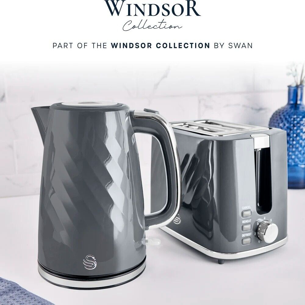 Swan Windsor Grey 1.7L Kettle & 2 Slice Toaster Textured Gloss Finish with Chrome