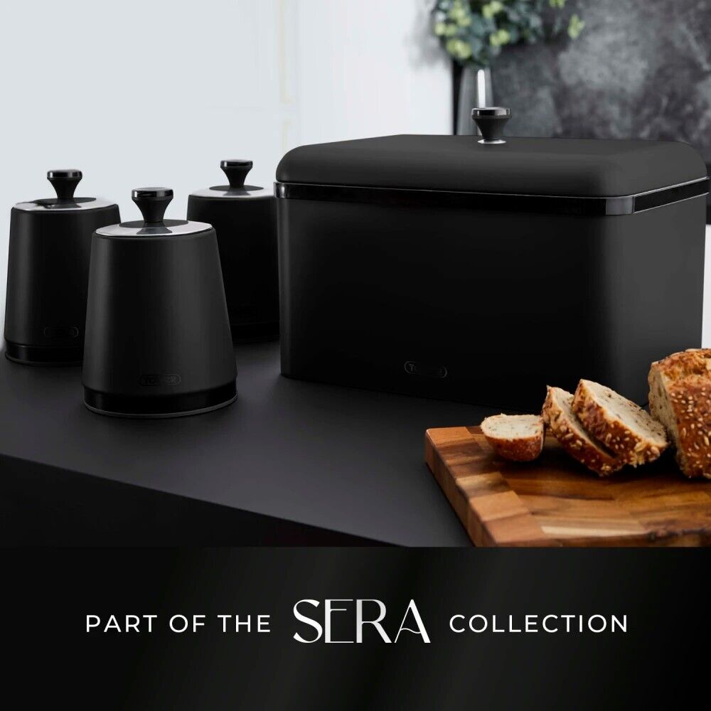 Tower Sera Breadbin & Tea Coffee Sugar Canisters Matching Kitchen Storage Set in Black with Smoked Black Trim