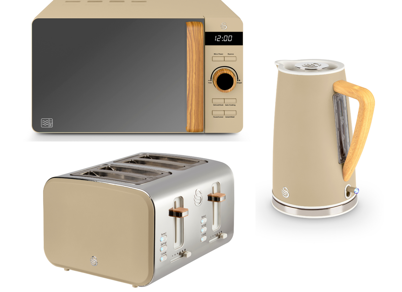 Swan Nordic 1.7L 3KW Kettle, 4 Slice Toaster & 800W 20L Microwave in Oatmeal Colour. Matching Scandinavian Design Kitchen Set