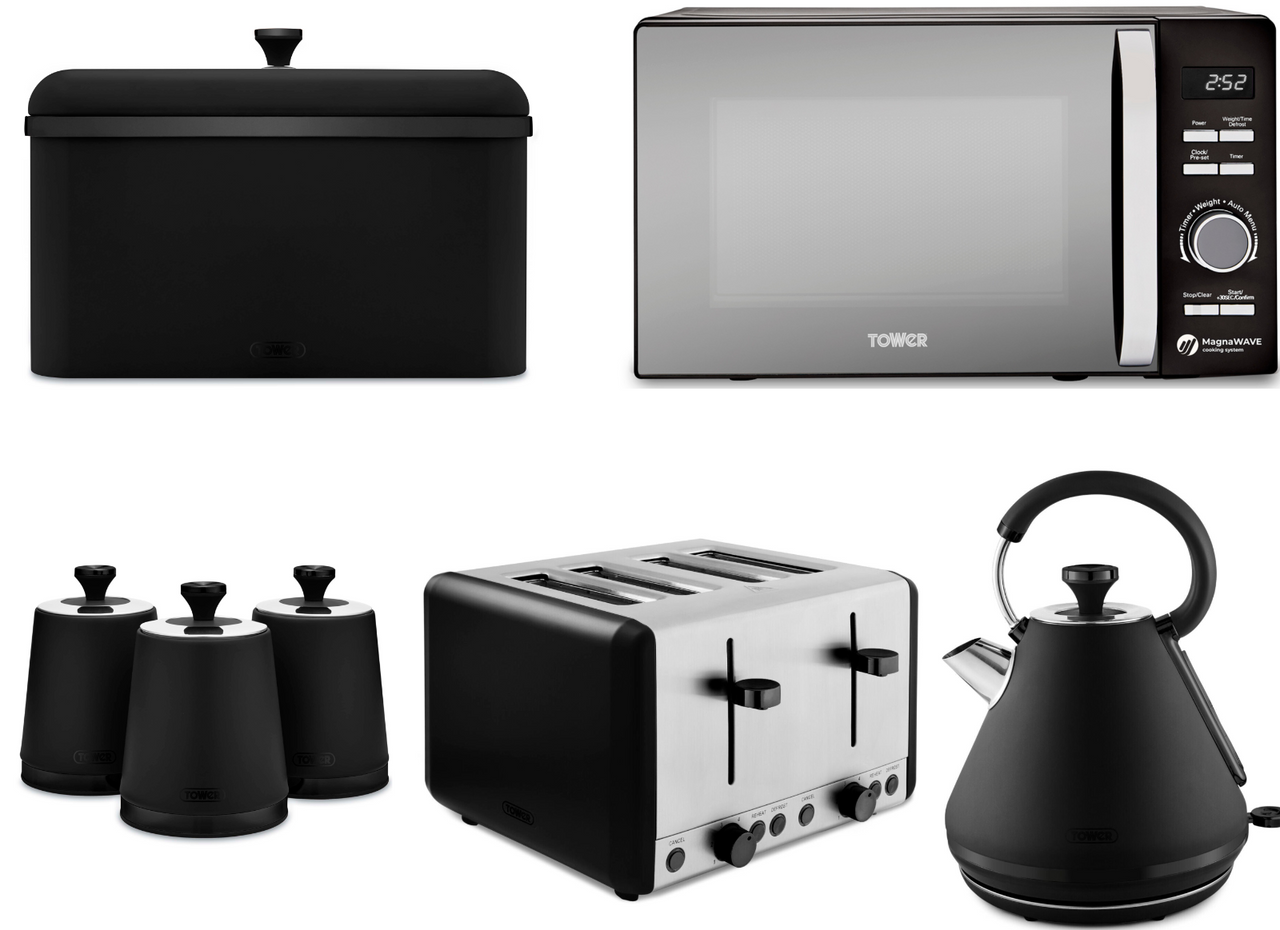 Tower Sera 1.7L 3KW Pyramid Kettle, 4 Slice Toaster, 800W 20L Renaissance Microwave, Sera Breadbin & Canisters Matching Kitchen Set of 7