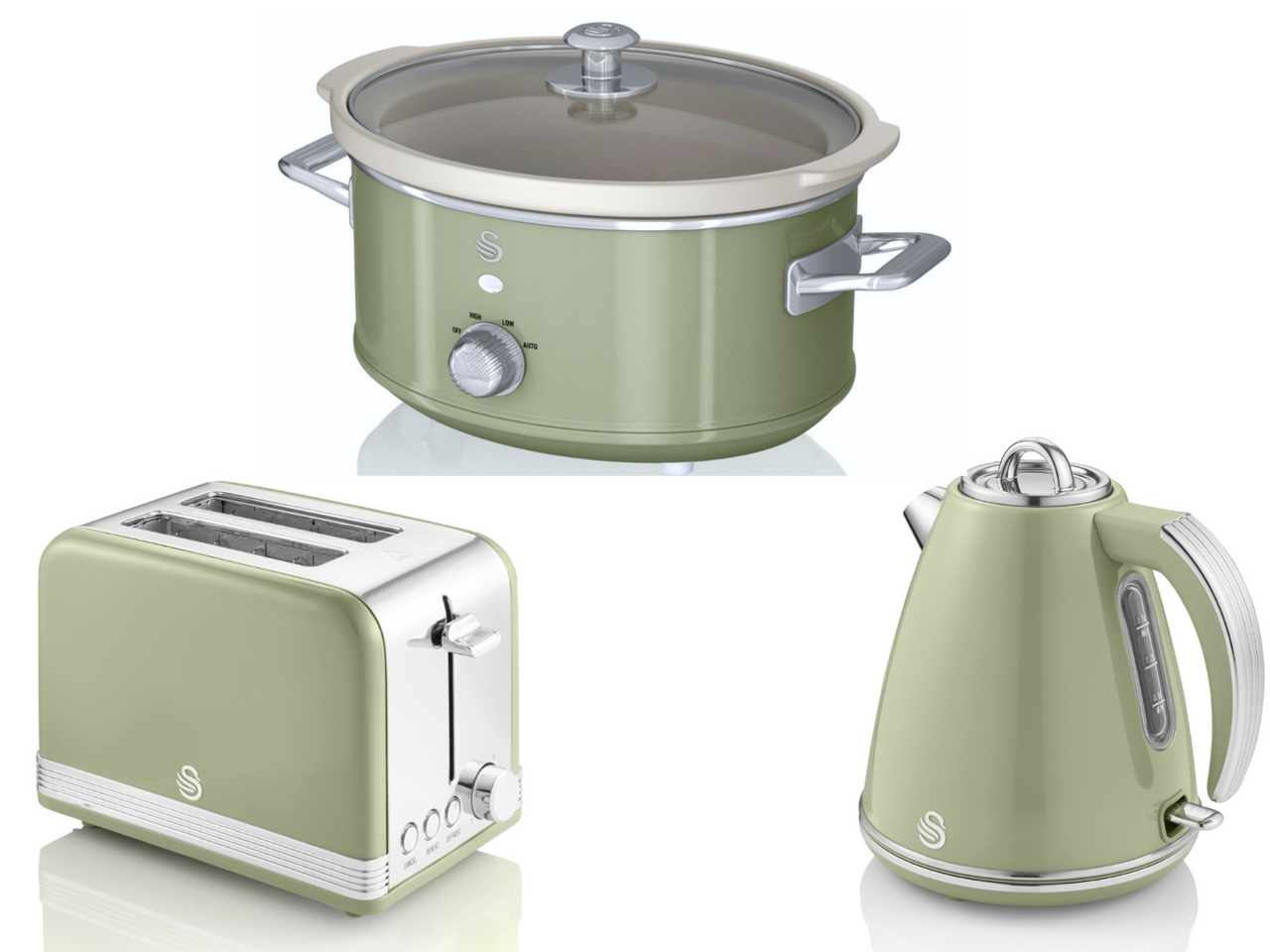 SWAN Retro Green 1.5L 3KW Jug Kettle, 2 Slice Toaster & 3.5L Slow Cooker Kitchen Set