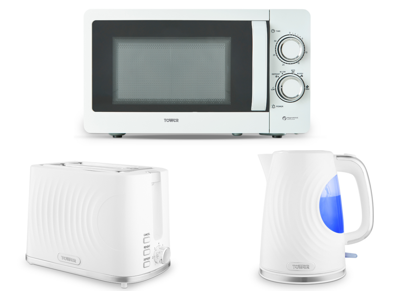 Tower Sonar White 1.7L 3KW Kettle, 2 Slice Toaster & 800W 20L Manual Microwave Matching Kitchen Set