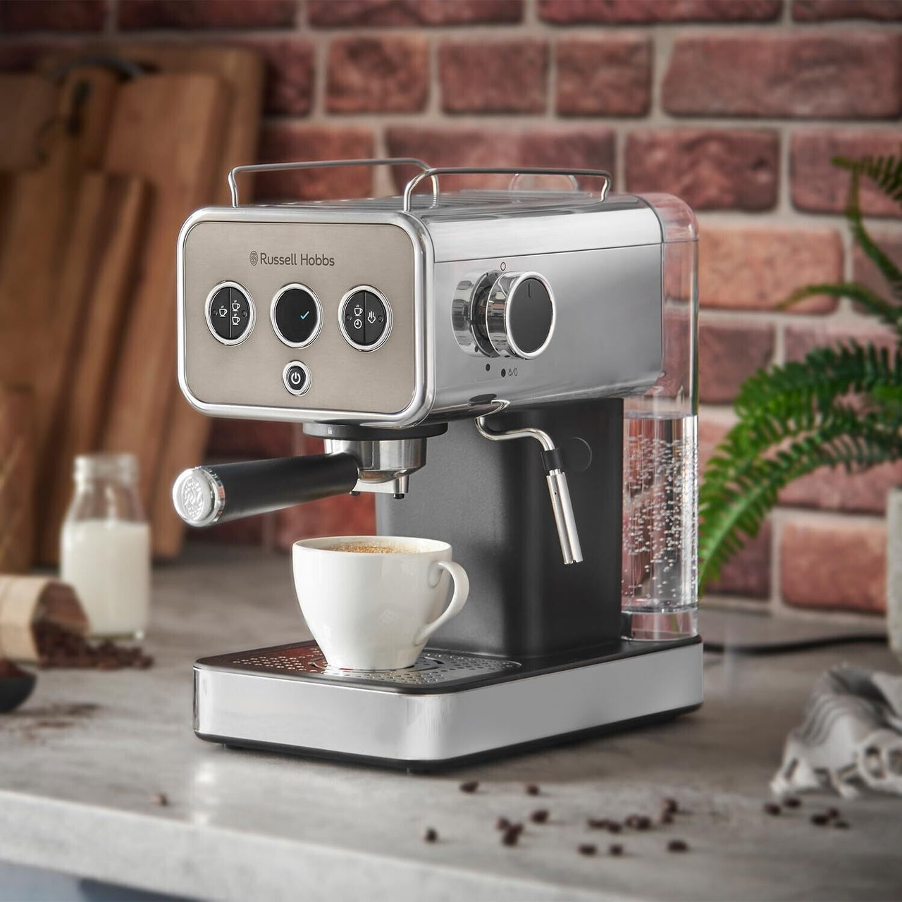 Russell Hobbs Distinctions Titanium Espresso Coffee Machine with Milk Frother Wand