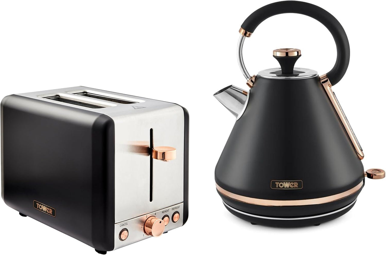 Tower Cavaletto 1.7L Pyramid Kettle & 2 Slice Toaster Set Black & Rose Gold