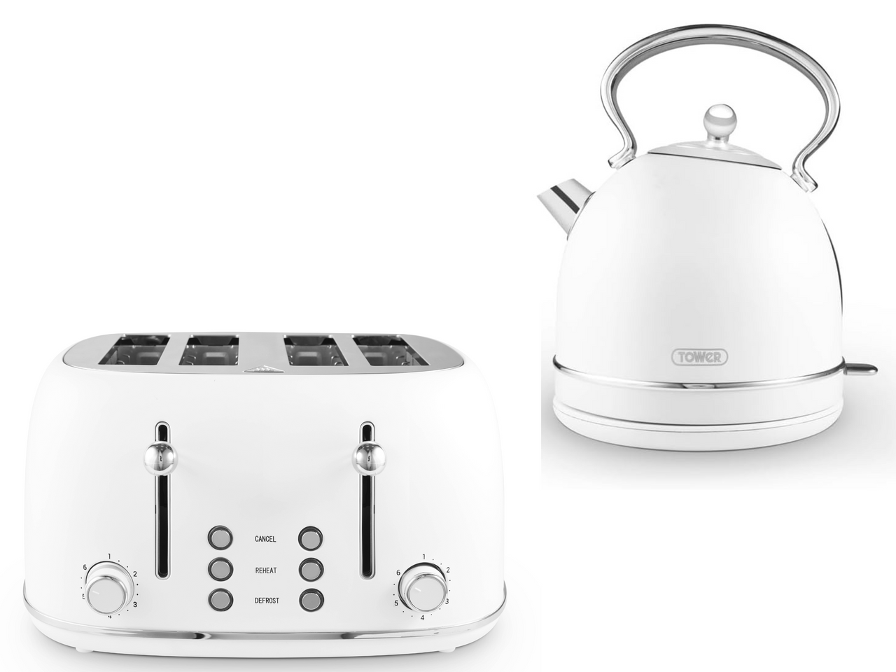 Tower Heritage 1.7L 3KW Dome Kettle & 4 Slice Toaster Set in White & Chrome