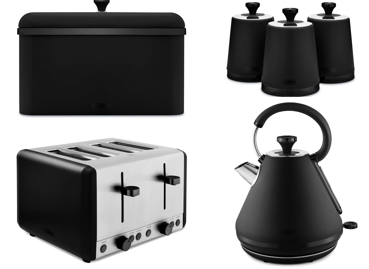 Tower Sera 1.7L 3KW Pyramid Kettle, 4 Slice Toaster, Breadbin & Tea, Coffee, Sugar Canisters Matching Set in Black with Smoked Trim