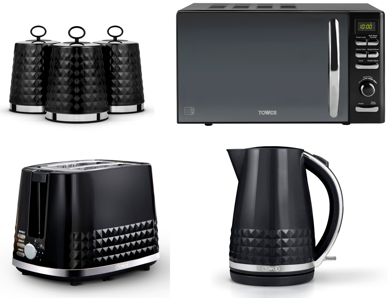 Tower Solitaire Black 1.5L 3KW Kettle, 2 Slice Toaster, 800W 20L Digital Microwave T24019 & Canisters. Matching Kitchen Set of 6