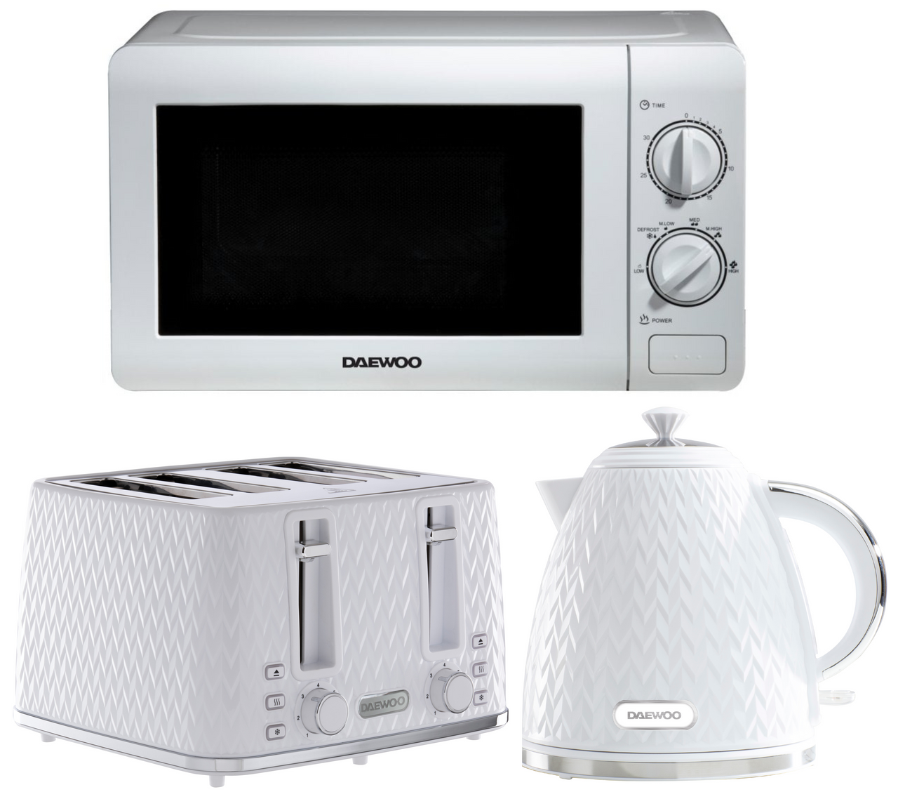 Daewoo Argyle White 1.7L 3KW Jug Kettle, 4 Slice Toaster & 800W 20L Manual Microwave SD2075GE Set