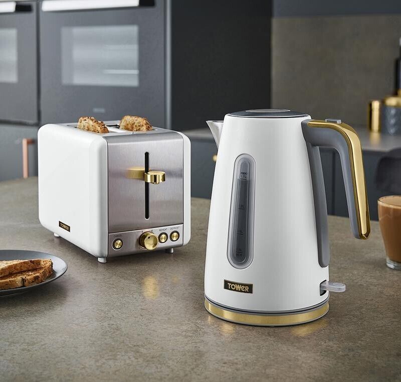 Tower Cavaletto Pyramid Kettle & 2 Slice Toaster White & Gold Accents