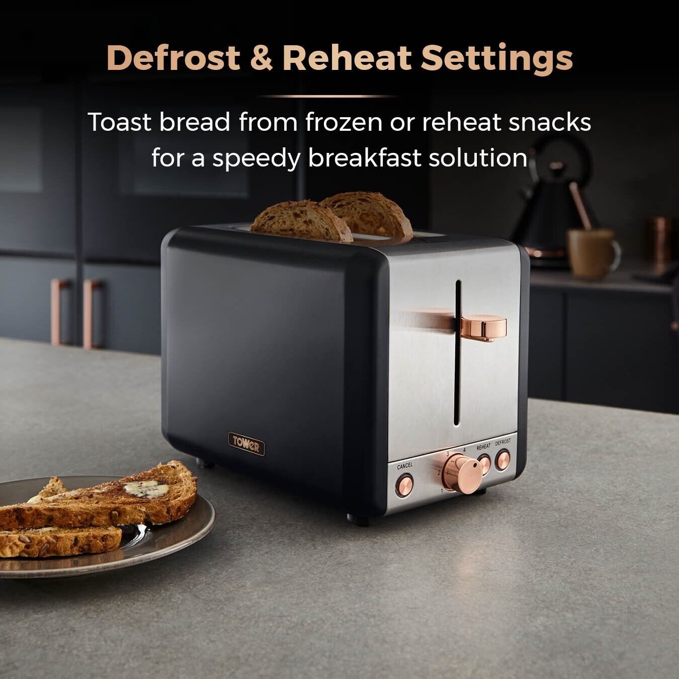 Tower Cavaletto Black Rose Gold Pyramid Kettle 2 Slice Toaster Microwave Set