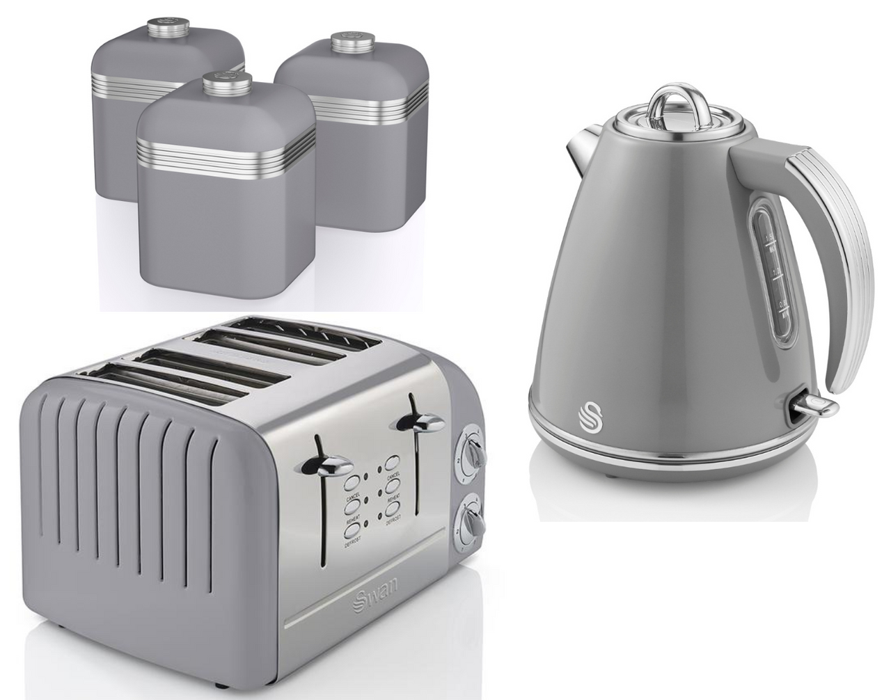 SWAN Retro Grey Jug Kettle 4 Slice Toaster ST34020GRN & 3 Canisters Kitchen Set