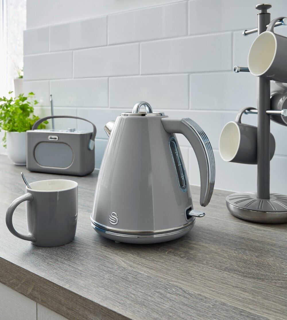 SWAN Retro Grey Jug Kettle 4 Slice Toaster ST34020GRN & 3 Canisters Kitchen Set