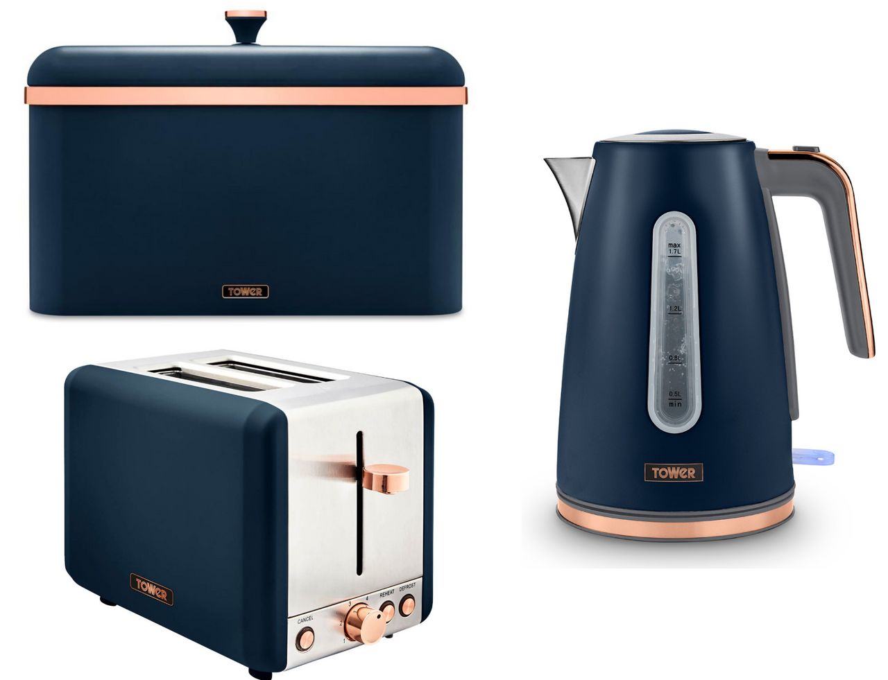 Tower Cavaletto Jug Kettle 2 Slice Toaster & Bread Bin Midnight Blue/Rose Gold