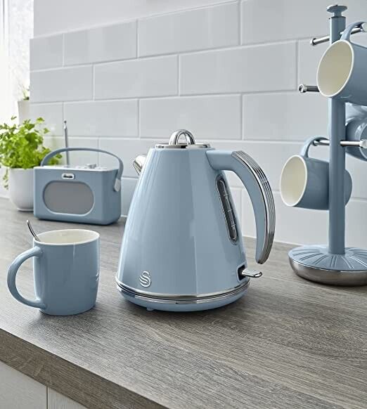 SWAN Retro Blue 1.5L 3KW Jug Kettle, 4 Slice Toaster ST34020BLN & 800W 20L Digital Microwave