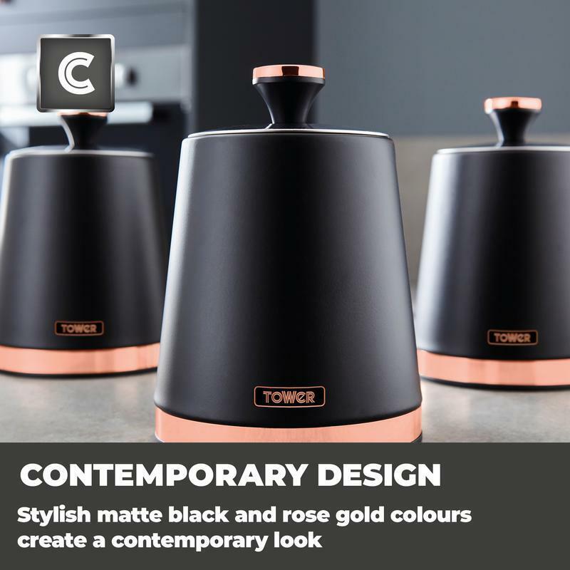 TOWER Cavaletto Tea, Coffee, Sugar Canisters, Mug Tree & Towel Pole Set Black & Rose Gold