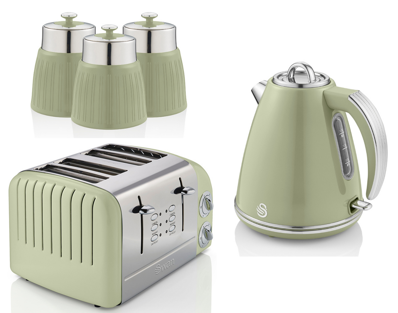 SWAN Retro Green Jug Kettle 4 Slice Toaster ST34020GN & Storage Canisters Set