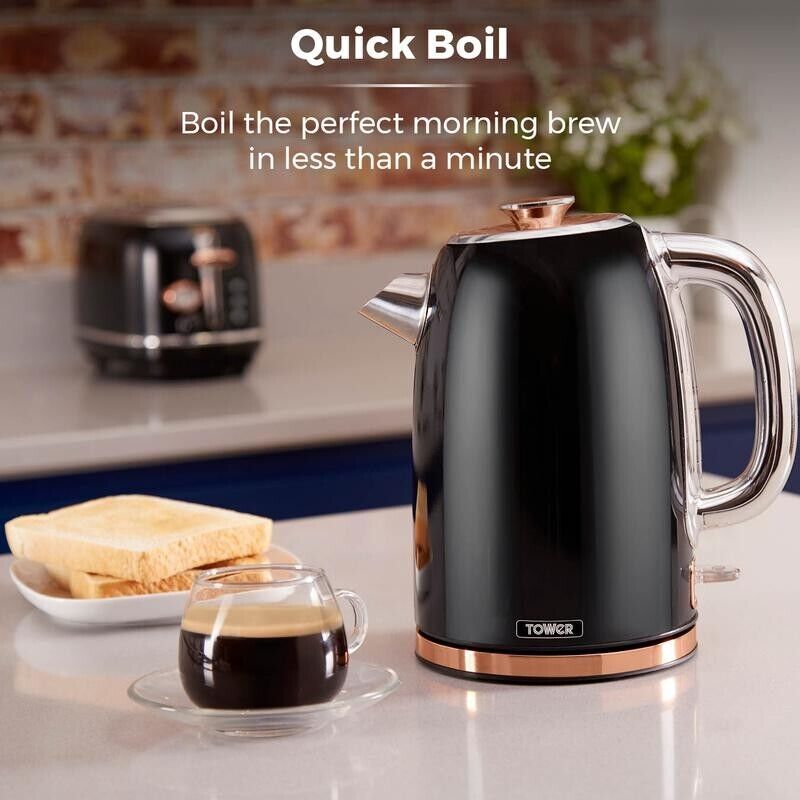 TOWER Bottega Jug Kettle 4 Slice Toaster & 800W 20L Microwave Black/Rose Gold