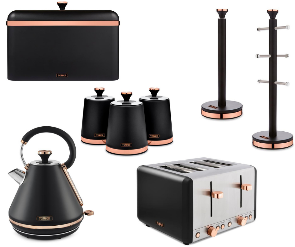 TOWER Cavaletto Kettle Toaster Bread Bin Canisters Mug Tree Towel Pole Black & Rose Gold