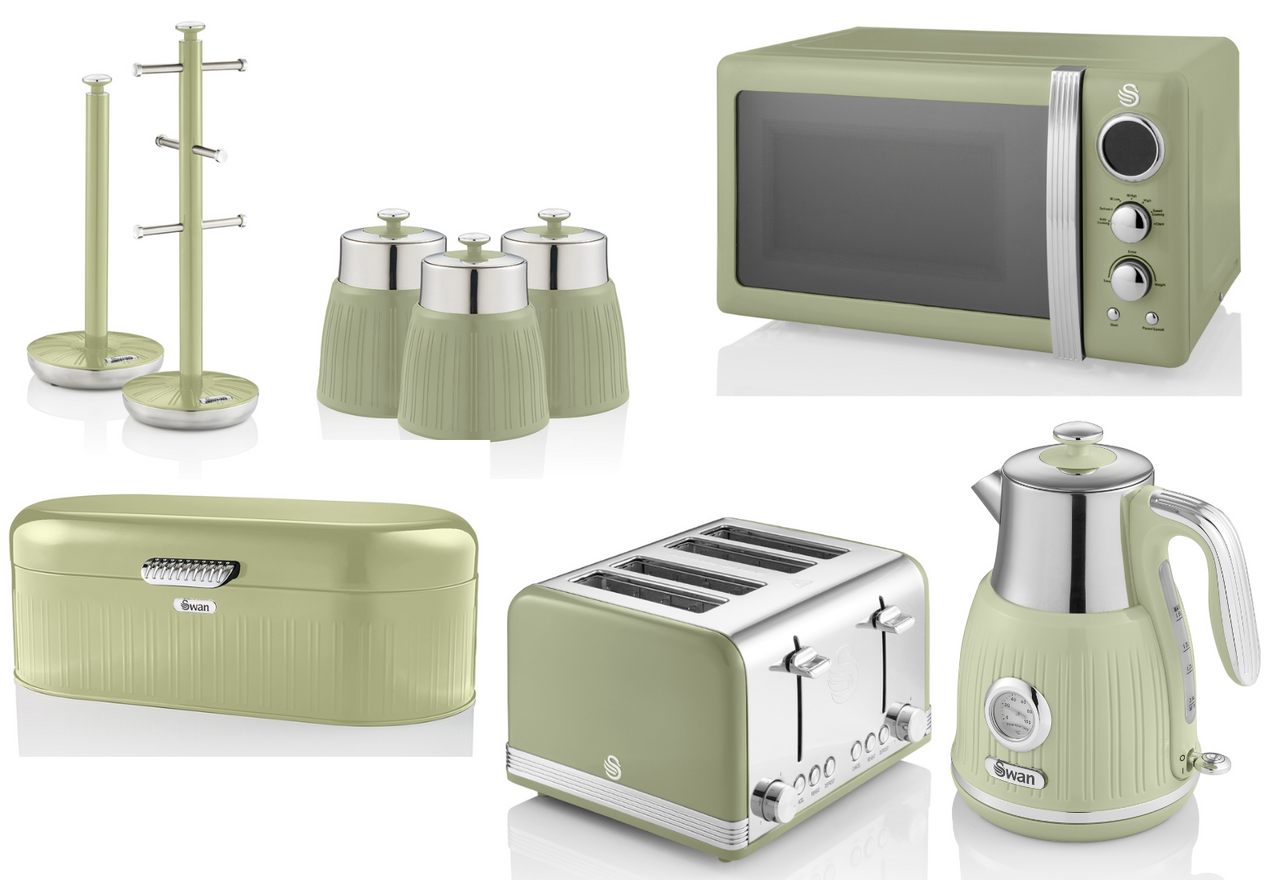 SWAN Retro Green Kitchen Set of 9 - Dial Kettle Toaster Microwave & Accessories