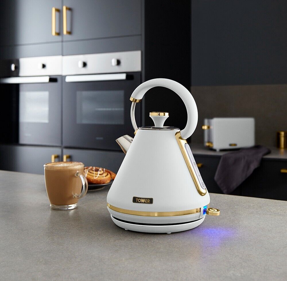 Tower Cavaletto Pyramid Kettle & 4 Slice Toaster White & Champagne Gold Accents