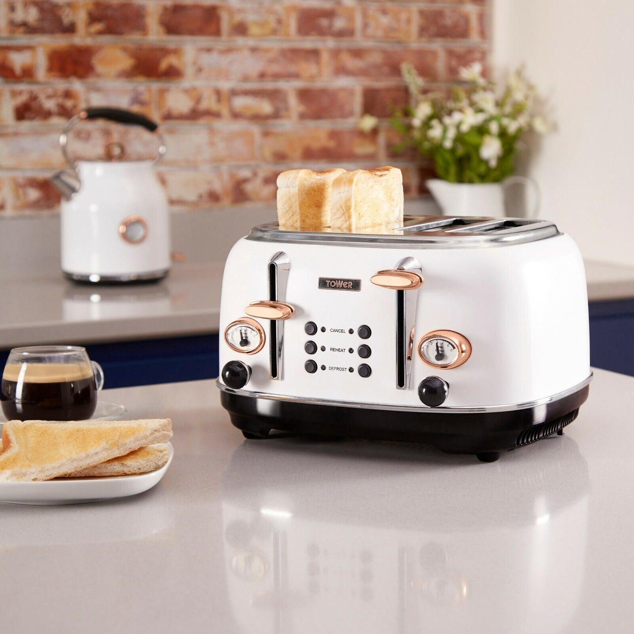 Tower Bottega White & Rose Gold 1.7L 3KW  Kettle & 4 Slice Toaster Matching Set