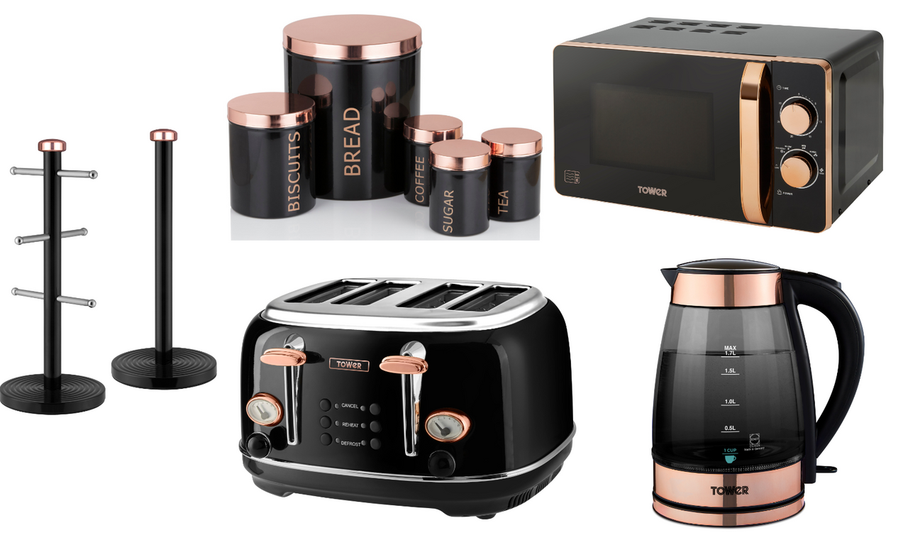 TOWER Glass Kettle Toaster Microwave & 7 Piece Storage Set Black Rose Gold