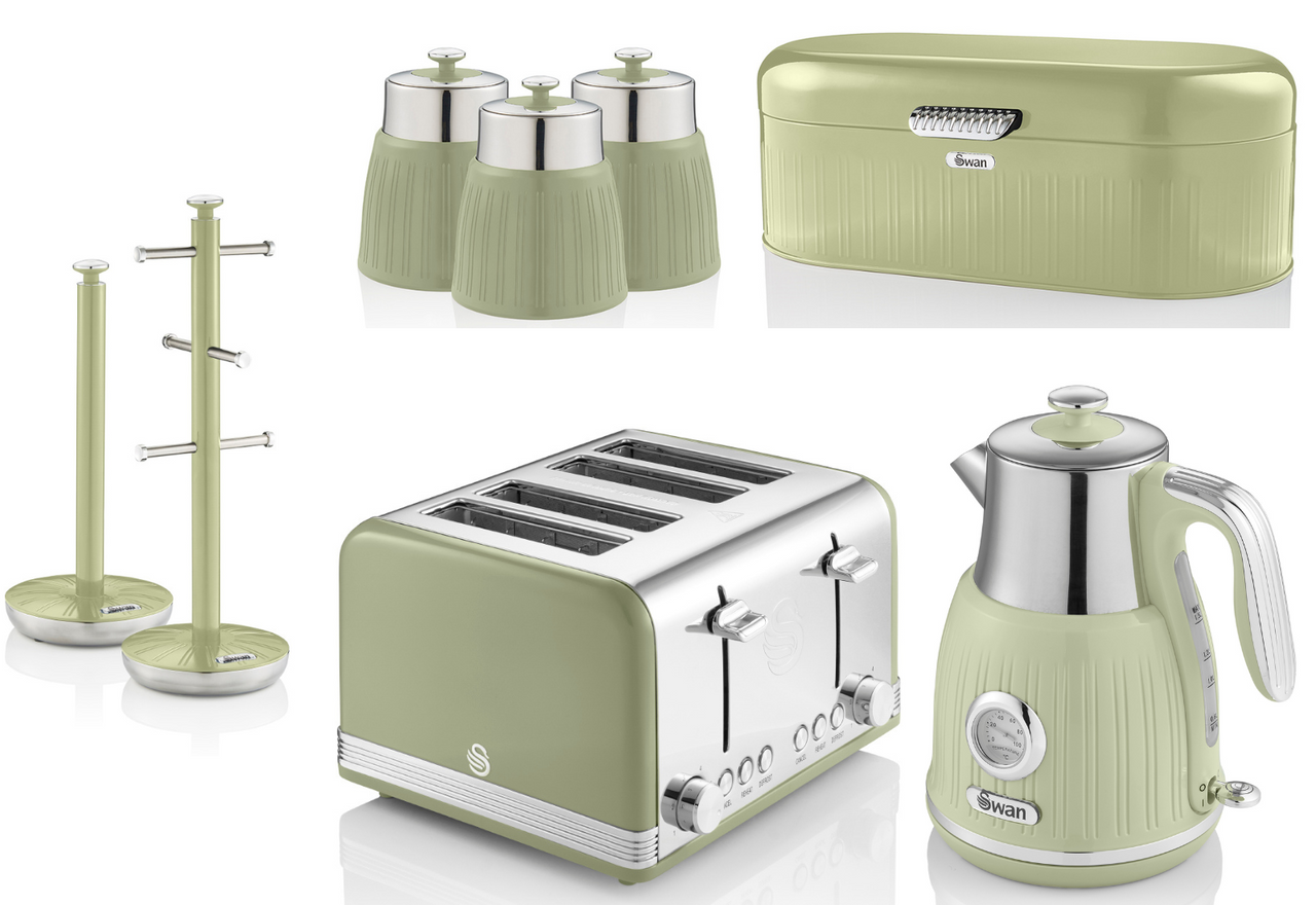 SWAN Retro Green Kitchen Set of 8 Dial Kettle Toaster & Storage Accessories