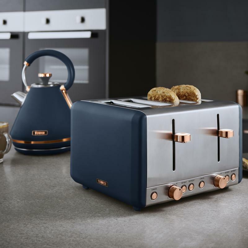 Tower Cavaletto Kettle Toaster Bread Bin Mug Tree & Towel Pole Blue & Rose Gold