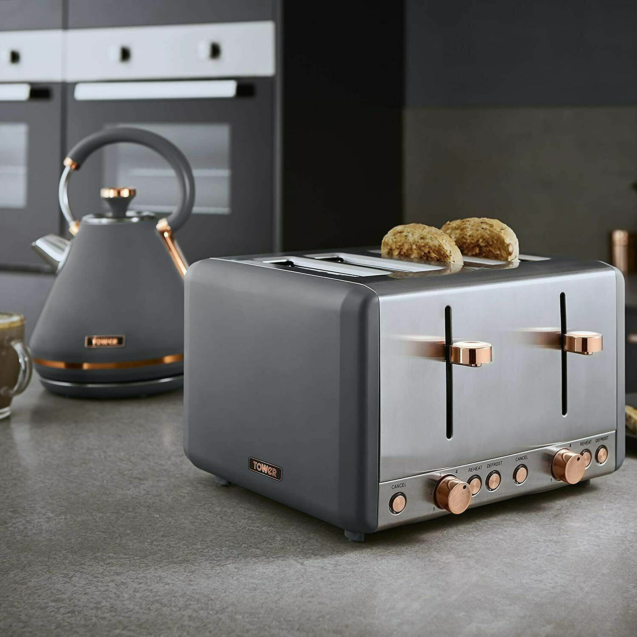 Tower Cavaletto Grey/Rose Gold Pyramid Kettle, 4 Slice Toaster, Microwave, Bread Bin, Canisters, Mug Tree and Towel Pole Matching Kitchen Set of 9