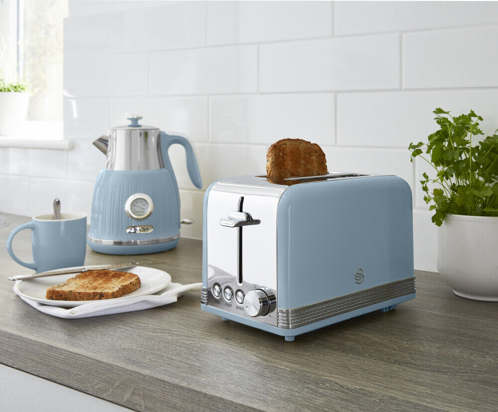 SWAN Retro Blue Dial Kettle 2 Slice Toaster Microwave & Canisters Set of 6