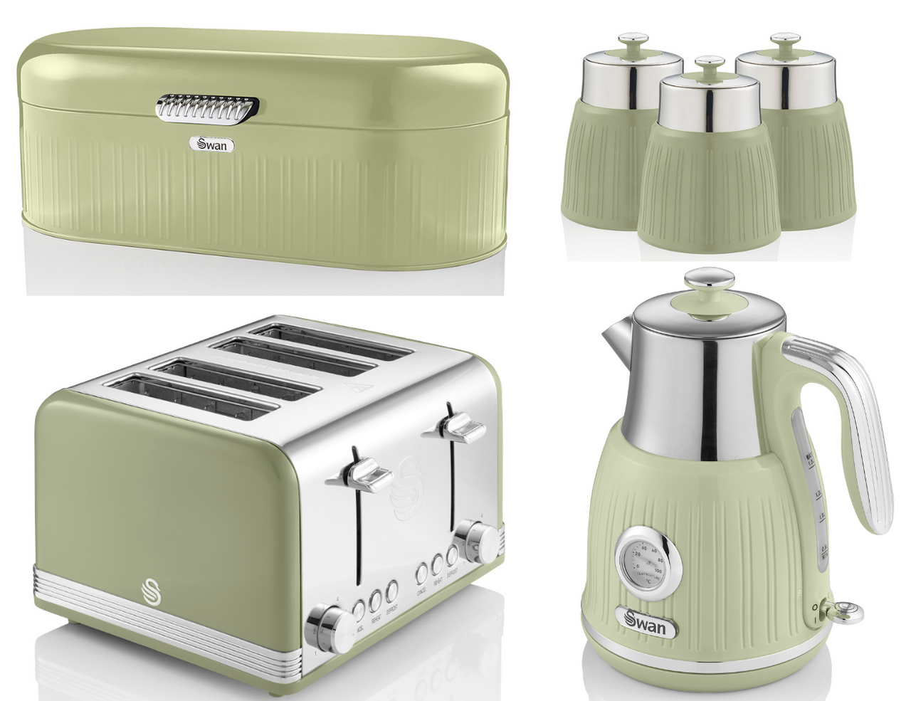 SWAN Retro Green Dial Kettle 4 Slice Toaster Breadbin Canisters Kitchen Set of 6