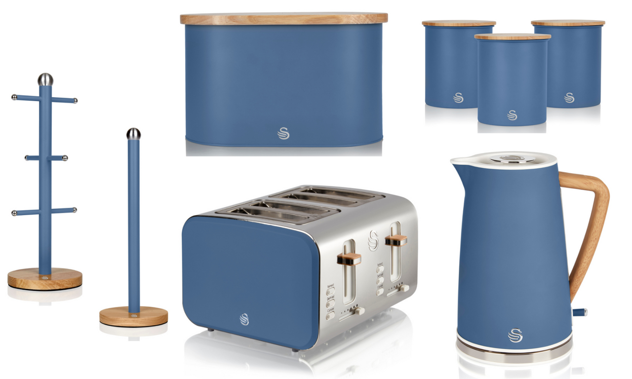 Swan Nordic Blue Kettle 4 Slice Toaster Bread Bin Canisters Mug Tree Towel Pole