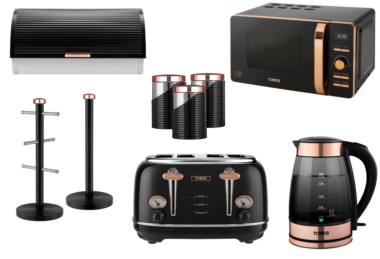 TOWER Smoked Glass Kettle Toaster Microwave Kitchen Storage Set Black/Rose Gold