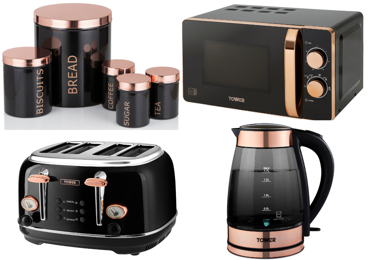 TOWER Glass Kettle 4 Slice Toaster Microwave 5 Piece Storage Set Black/Rose Gold