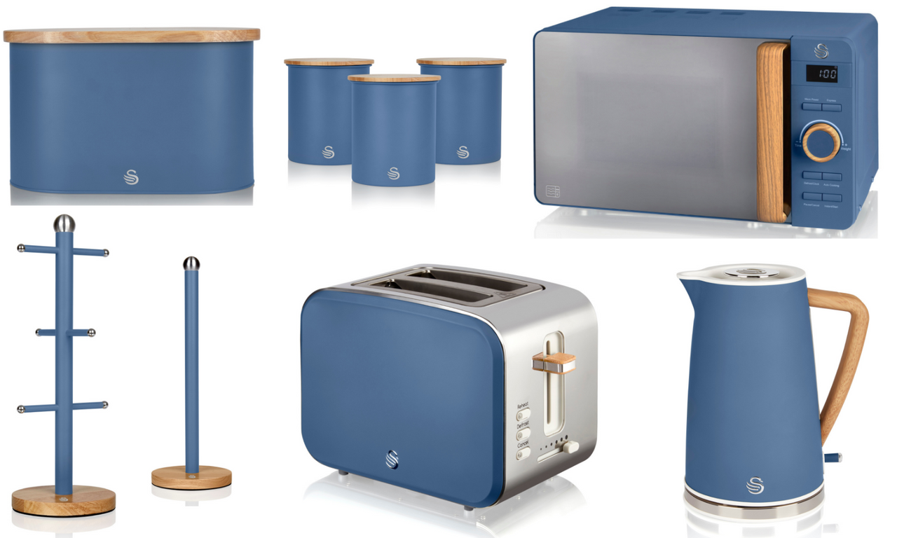 Swan Nordic Blue Kettle 2 Slice Toaster Microwave & Kitchen Storage Set of 9