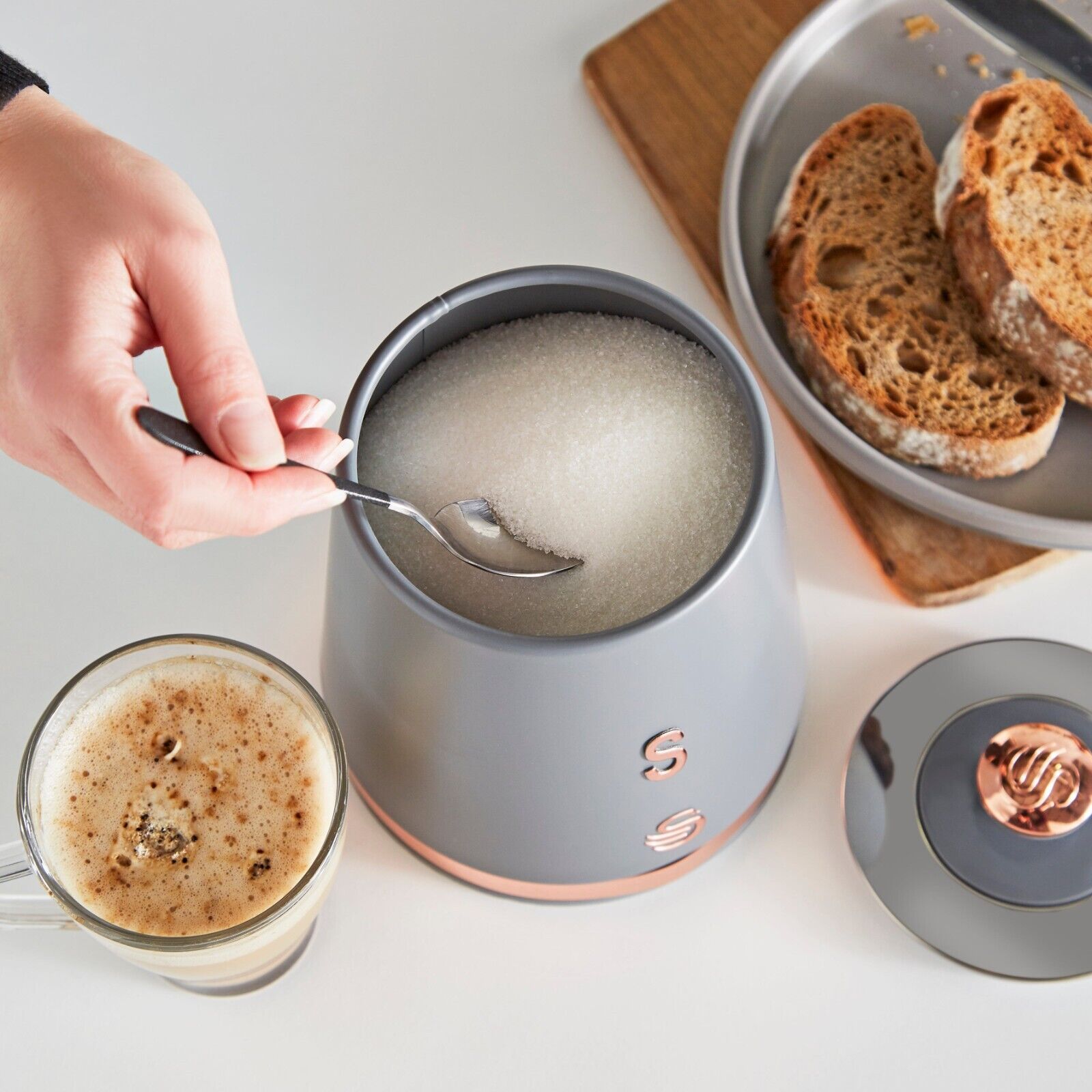 Grey and rose gold tea coffee sugar sales canisters