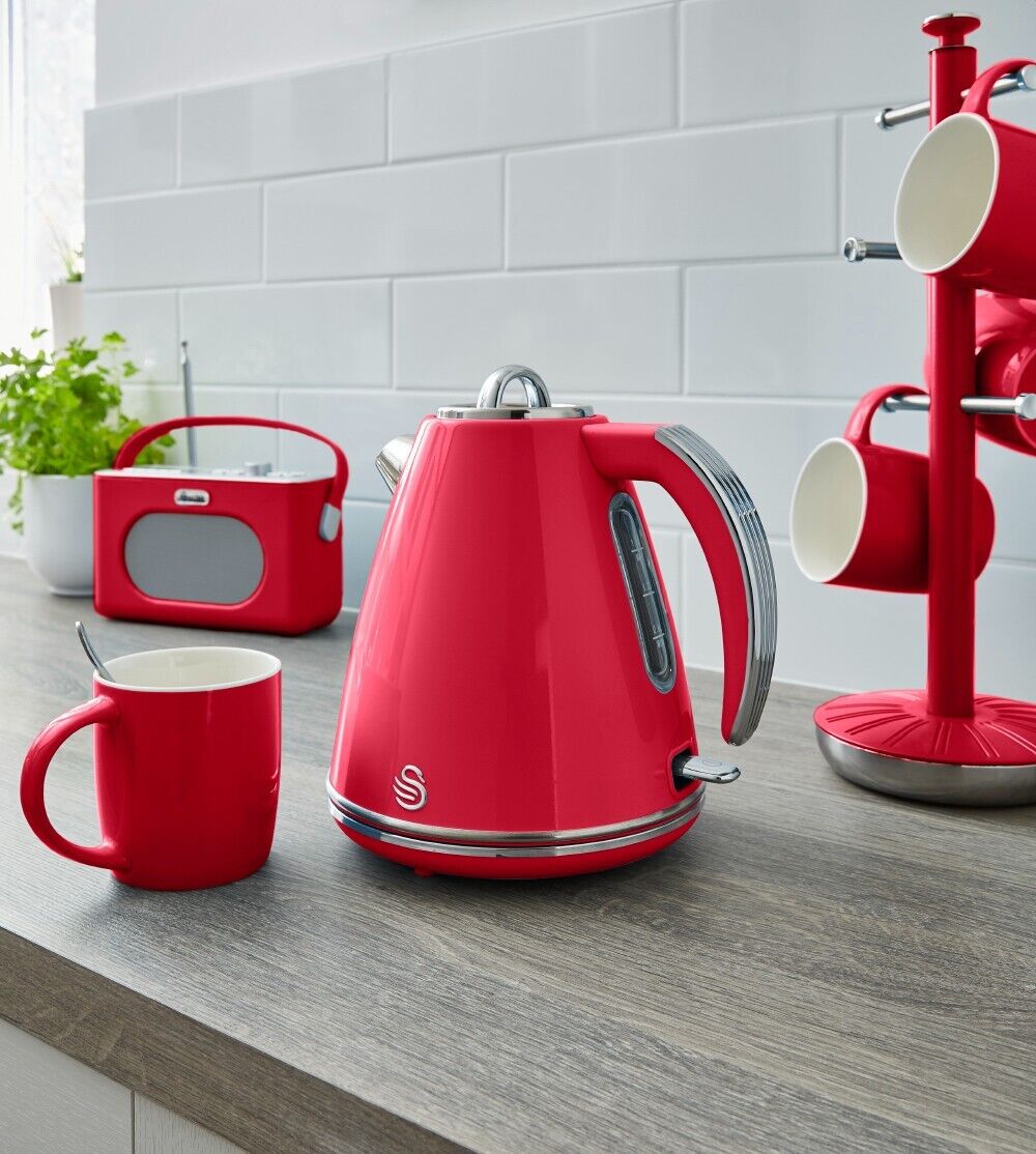 Swan Retro Red Kitchen Set of 9 Kettle 4 Slice Toaster Sensor Bin & Storage Set