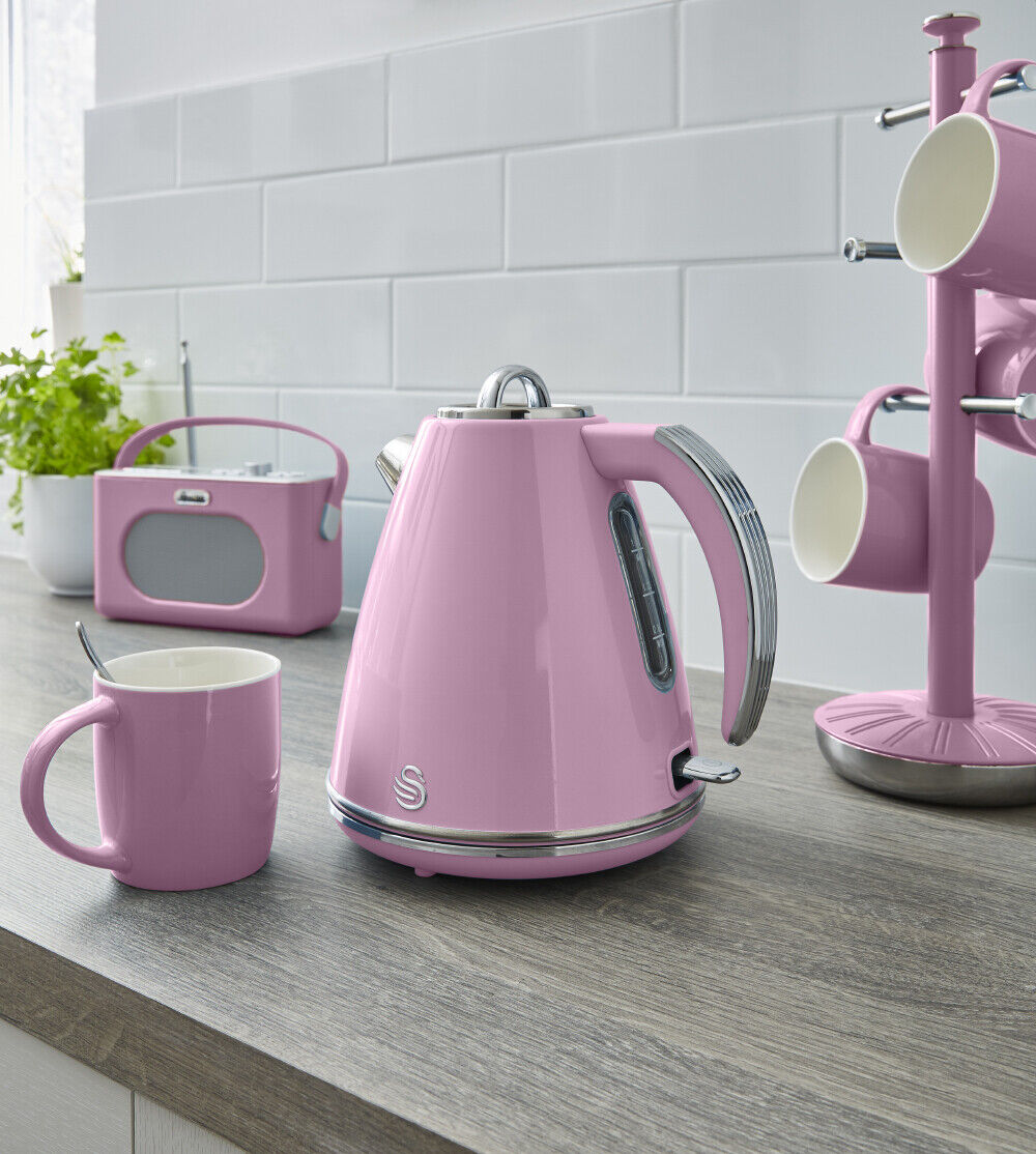 SWAN Retro Pink Jug Kettle Toaster Breadbin Canisters Mug Tree Towel Pole Set