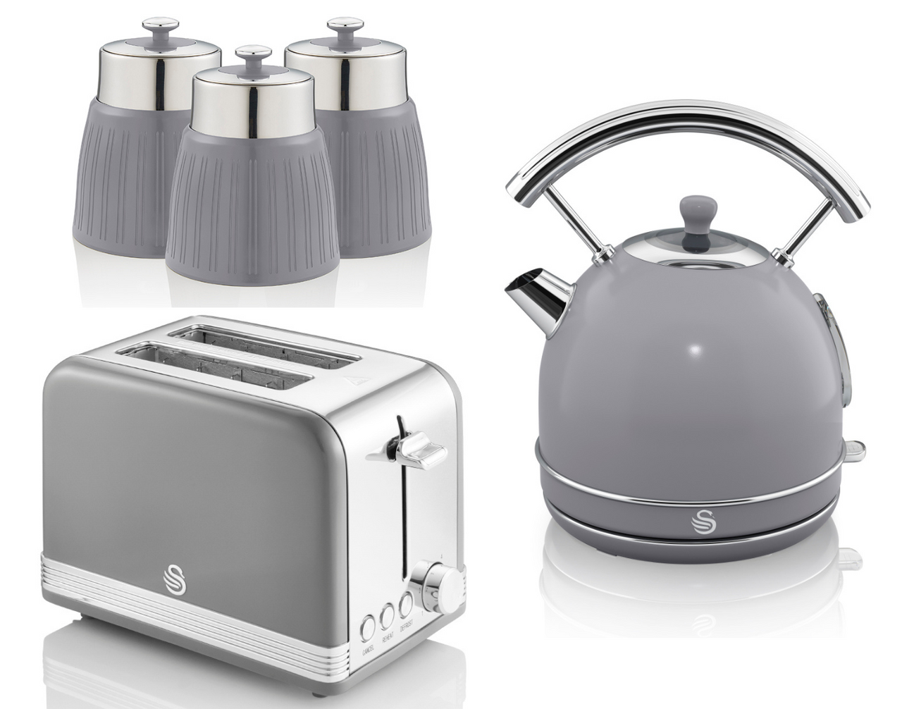 SWAN Retro Grey Dome Kettle, 2 Slice Toaster & Set of 3 Canisters Kitchen Set