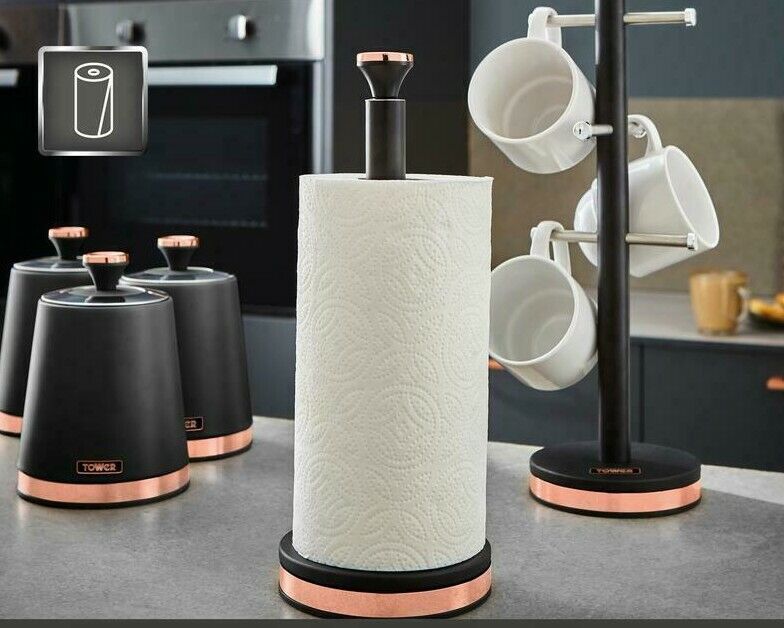 TOWER Cavaletto Tea, Coffee, Sugar Canisters, Mug Tree & Towel Pole Set Black & Rose Gold