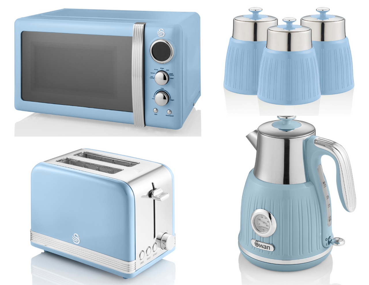 SWAN Retro Blue Dial Kettle 2 Slice Toaster Microwave & Canisters Set of 6