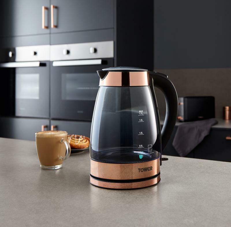 TOWER Smoked Glass Kettle Toaster Canisters Mug Tree Towel Pole Black/Rose Gold