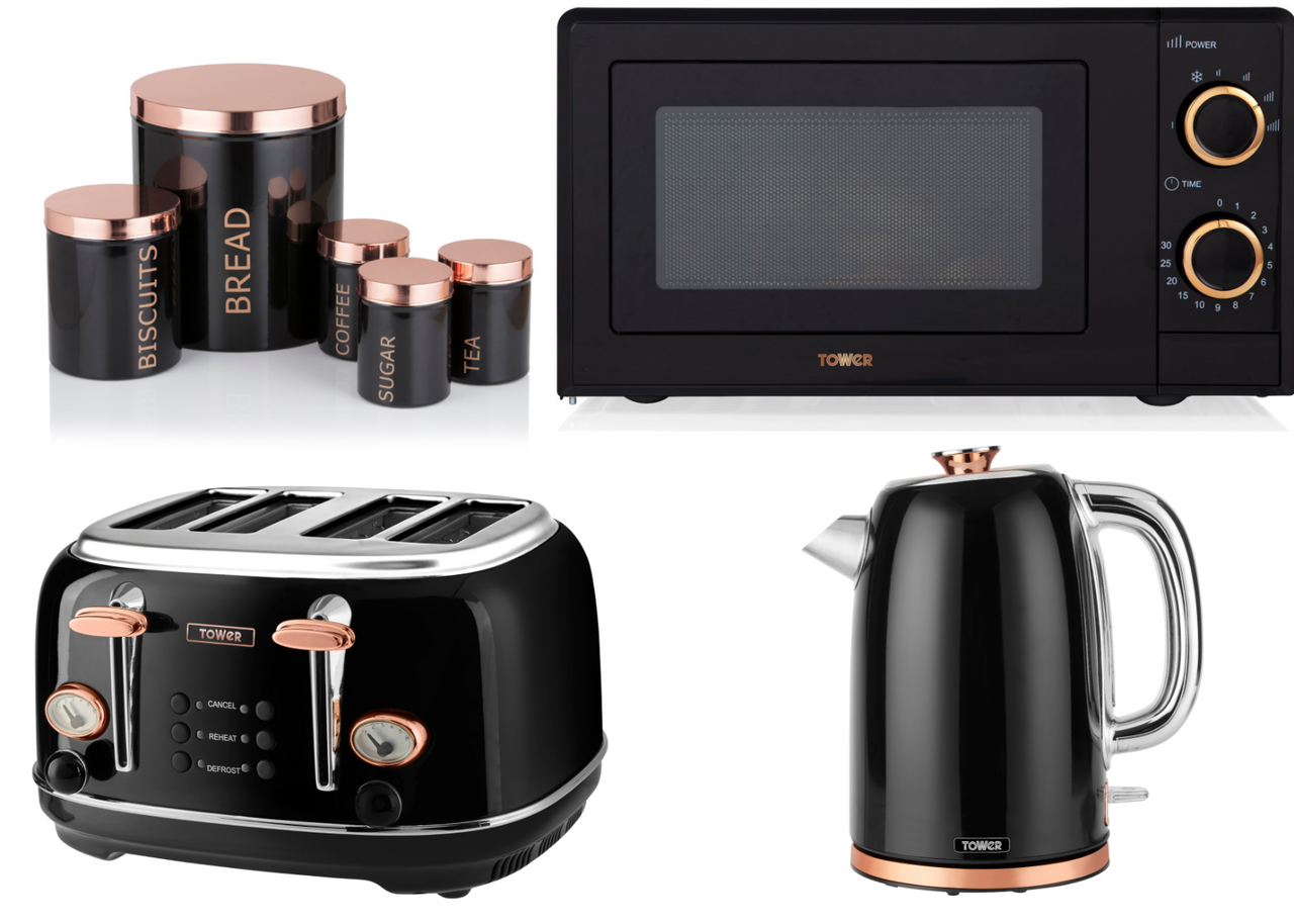 TOWER Jug Kettle 4 Slice Toaster Microwave & 5 Piece Storage Set Black/Rose Gold