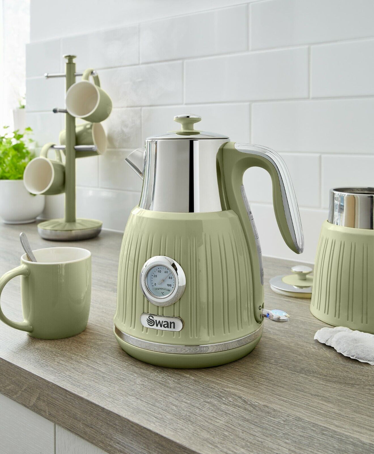 SWAN Retro Green Dial Kettle Toaster Canisters Mug Tree Towel Pole Kitchen Set