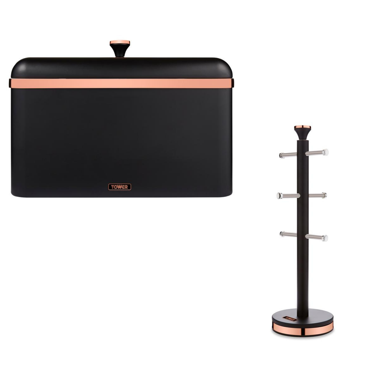 Tower Cavaletto Bread Bin & Mug Tree Kitchen Storage Set in Black & Rose Gold