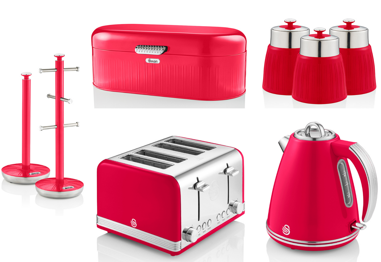 Swan Retro Jug Kettle 4 Slice Toaster Breadbin Canisters Mug Tree Towel Pole Red