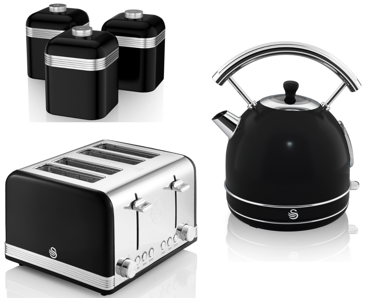 Swan Retro Black Dome Kettle 4 Slice Toaster & 3 Storage Canisters Kitchen Set